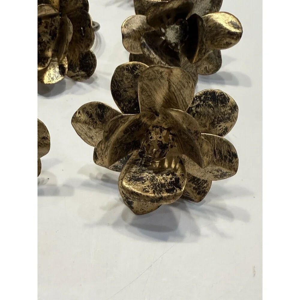 Vintage Napkin Rings Set of 12 Metal Flower Bronze Color Hand Painted Accents
